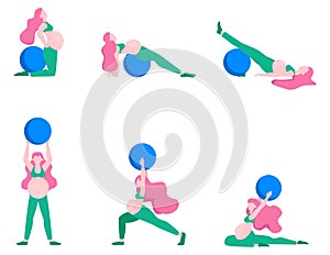 Pregnant woman doing fitness set. Exercises with fit ball.