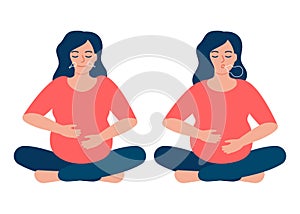 Pregnant woman is doing respiratory breathing exercise, deep exhale and inhale. Breathing exercise. Healthy yoga and