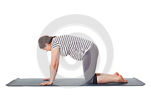 Pregnant woman doing yoga asana Marjaryasana cat pose