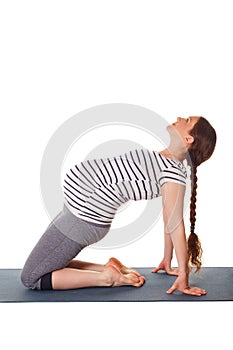 Pregnant woman doing yoga asana Ustrasana