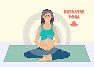 Pregnant woman doing yoga exercises on the mat. Pregnant women in lotos pose. Prenatal yoga. Vector illustration in flat style