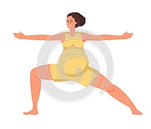Pregnant woman doing yoga. Woman makes Virabhadrasana II pose, warrior pose during pregnancy. Women healthy lifestyle