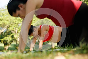 Pregnant Woman Doing Yoga Workout For Backpain Outdoors