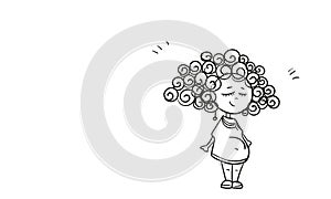 Pregnant woman doodle, Curly hair, standing relaxed with closed eyes, smiling, feeling sensation of future motherhood