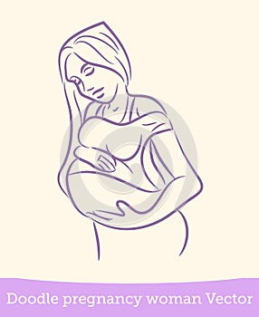 Pregnant woman doodle isolated on white background. Vector
