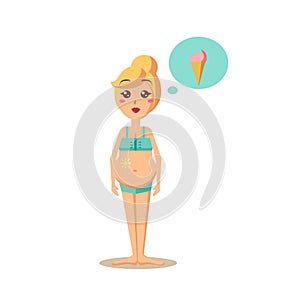 Pregnant Woman Dreaming of an Ice Cream. Vector Illustration