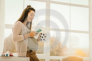 Pregnant woman drinking tea and surfing the internet