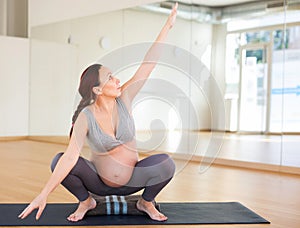 Pregnant woman is engaged in yoga. Deep Squats or Mama Squats or Malasana