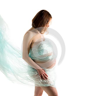 Pregnant woman, expectant mother on white background, close-up of pregnant belly