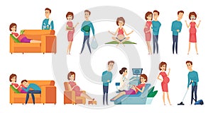 Pregnant woman. Family couple waiting baby. Husband wife daily activities vector illustration