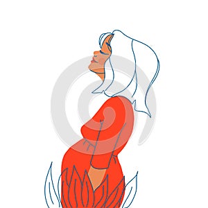 Pregnant Woman Feeling Baby Kick Vector Illustration. Expecting protective young girl holding her baby bump