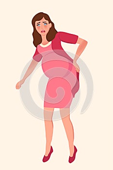 Pregnant girl holding her lower back. Complications in late pregnancy. Vector illustration of motherhood, waiting for a baby