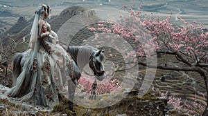 A pregnant woman in a flowing wedding dress gracefully rides a horse