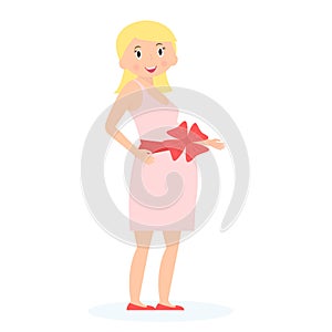 Pregnant woman with gift bow on belly. Expectation concept. Flat style. Vector Illustration.