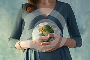 Pregnant woman with a globe in her hands. The concept of the future of the earth is in our hands