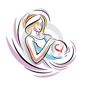 Pregnant woman graceful body outline surrounded by heart shape frame. Vector illustration of mother-to-be fondles her belly.