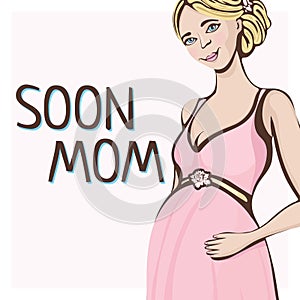 Pregnant woman hand drawing, vector background, banner, card. Colored cartoon portrait of expectant girl with a big belly, drawn h