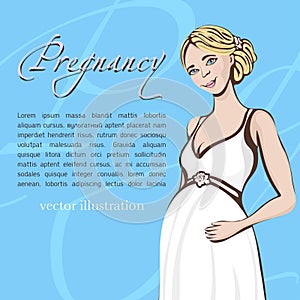 Pregnant woman hand drawing, vector background, banner, card. Colored cartoon portrait of expectant girl with a big belly, drawn h