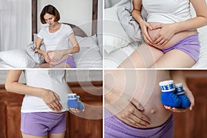 Pregnant woman, hands on belly. Collage of pictures, pregnancy set
