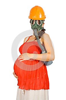 Pregnant woman in hardhat and gas-mask