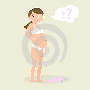 Pregnant woman health care. Cute pregnant woman weighed on the scales Vector illustration