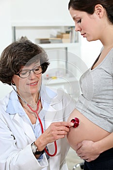 Pregnant woman at her gynaecologist. photo