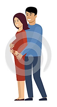 Pregnant woman with her husband on a white background. Happy family.