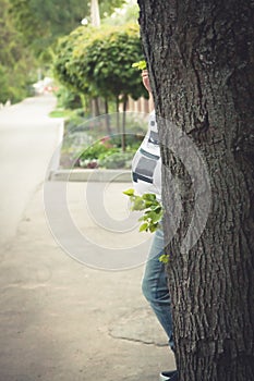 Pregnant woman in hiding behind the tree in park.