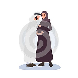 A pregnant woman in a hijab, a man in traditional dress hugs and takes care of his wife. Muslim family awaiting the birth of a