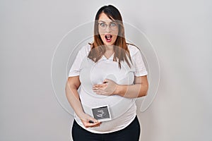 Pregnant woman holding baby ecography afraid and shocked with surprise and amazed expression, fear and excited face