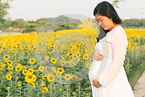 Pregnant woman holding belly with sun flower garden background.