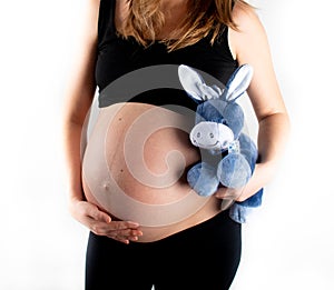 Pregnant woman holding blue donkey toy for baby boy