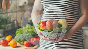 Pregnant Woman Holding Bowl of Fruit and Vegetables