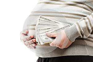 Pregnant woman holding dollar currency cash