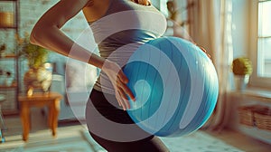 Pregnant woman holding an exercise ball in a sunlit room with plants.