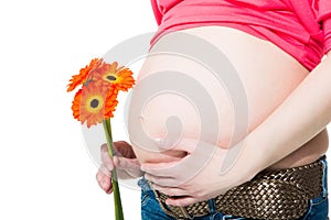 Pregnant woman holding flower on isolated white