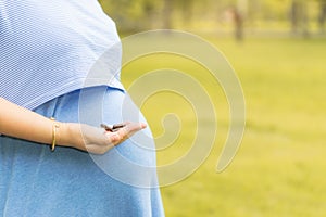 Pregnant woman holding Folic acid and Vitamin in garden.