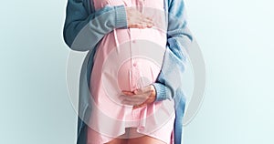 Pregnant woman holding hands on her belly. Pregnancy, gynecology concept photo