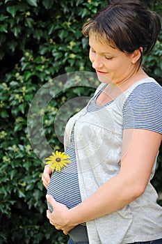 Pregnant woman holding her belly and yellow flower