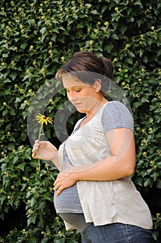 Pregnant woman holding her belly and yellow flower