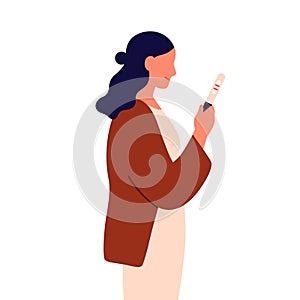 Pregnant woman holding positive pregnancy test stick. Female, future mom with medical result, two lines marking