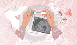 Pregnant woman holding positive pregnancy test, ultrasound scan and newborn clothes on background, modern banner, flat