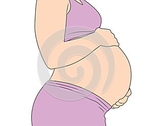 Pregnant woman holding stomach - side image of pregnancy