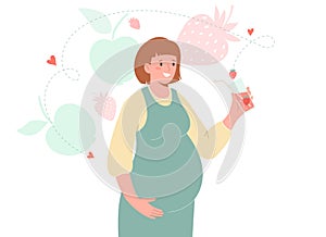 Pregnant woman holds healthy fruit juice in her hand . Nutrition and diet during pregnancy