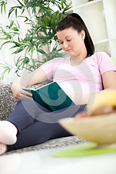 Pregnant woman in home resting and reading book