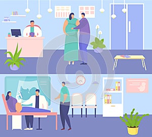 Pregnant woman at hospital appointment, vector illustration, doctor man character control female health with medical