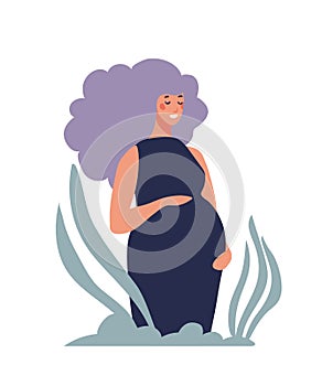 A pregnant woman hugs her belly and smiles. Flat cartoon character, pregnancy and motherhood concept. Vector