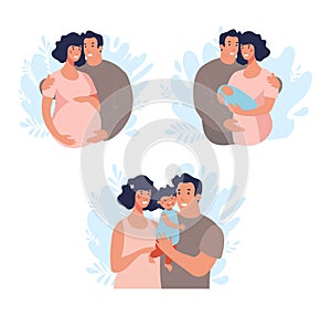 Pregnant woman with husband, family with newborn baby, man and woman hugging their child, set of flat illustrations of