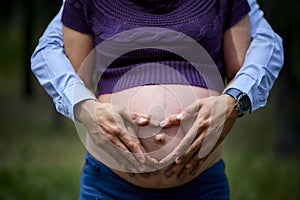 Maternity pregnant woman in forest with father photo