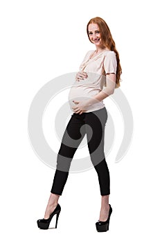 The pregnant woman isolated on the white